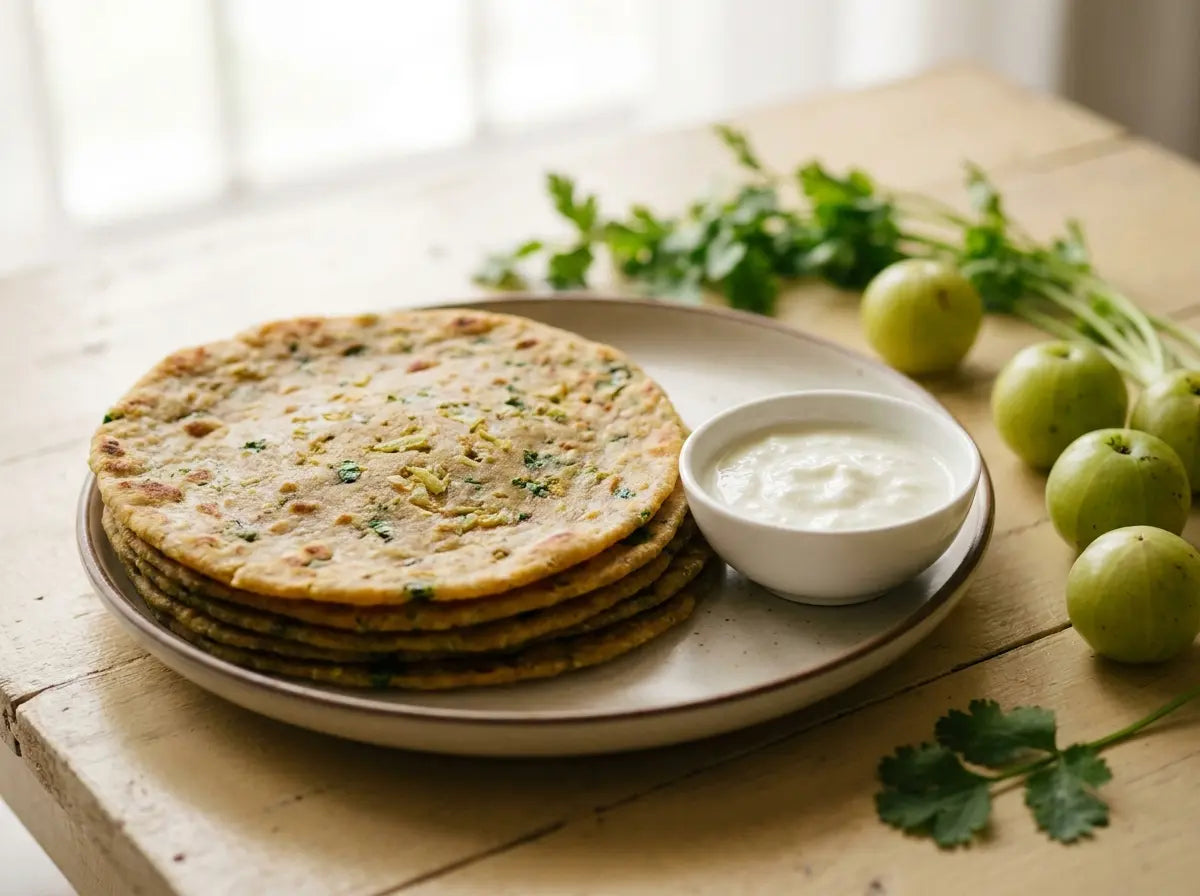 Amla & greens thepla — a savoury vitamin-C breakfast from a prized rasayana (2–5 years)