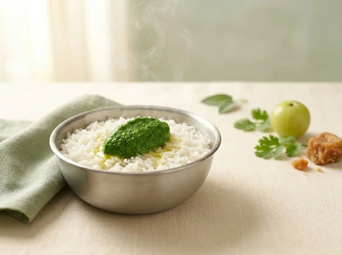 Amla & jaggery chutney with soft rice — nature's richest vitamin C, gentled for little ones (2–5 years)
