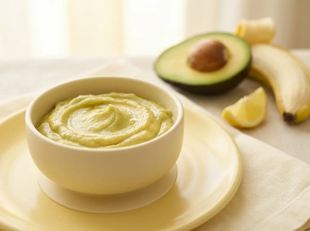 Avocado & banana soft mash — a creamy green-and-gold bowl for the milk-only baby (8–12 months)