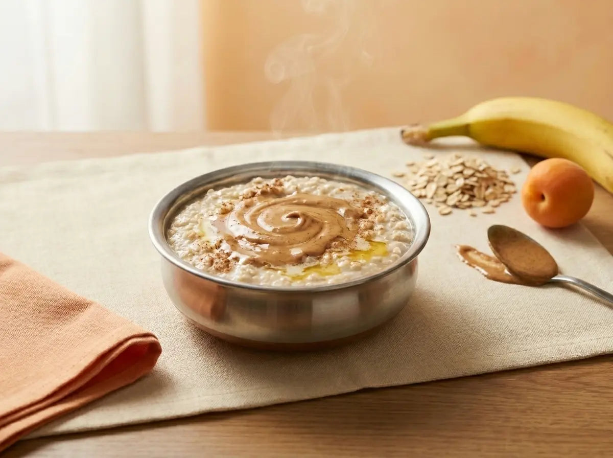 Banana & nut-butter oats porridge — a calorie-dense, comforting dinner for gaining well (1–2 years)