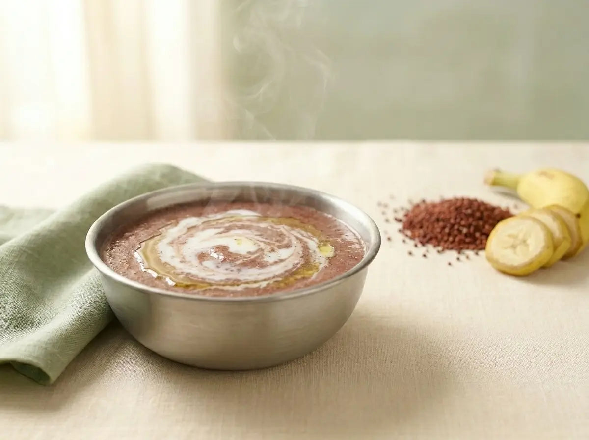 Banana & ragi soft milk-porridge — the cereal richest in calcium, for building bones (6–12 months)
