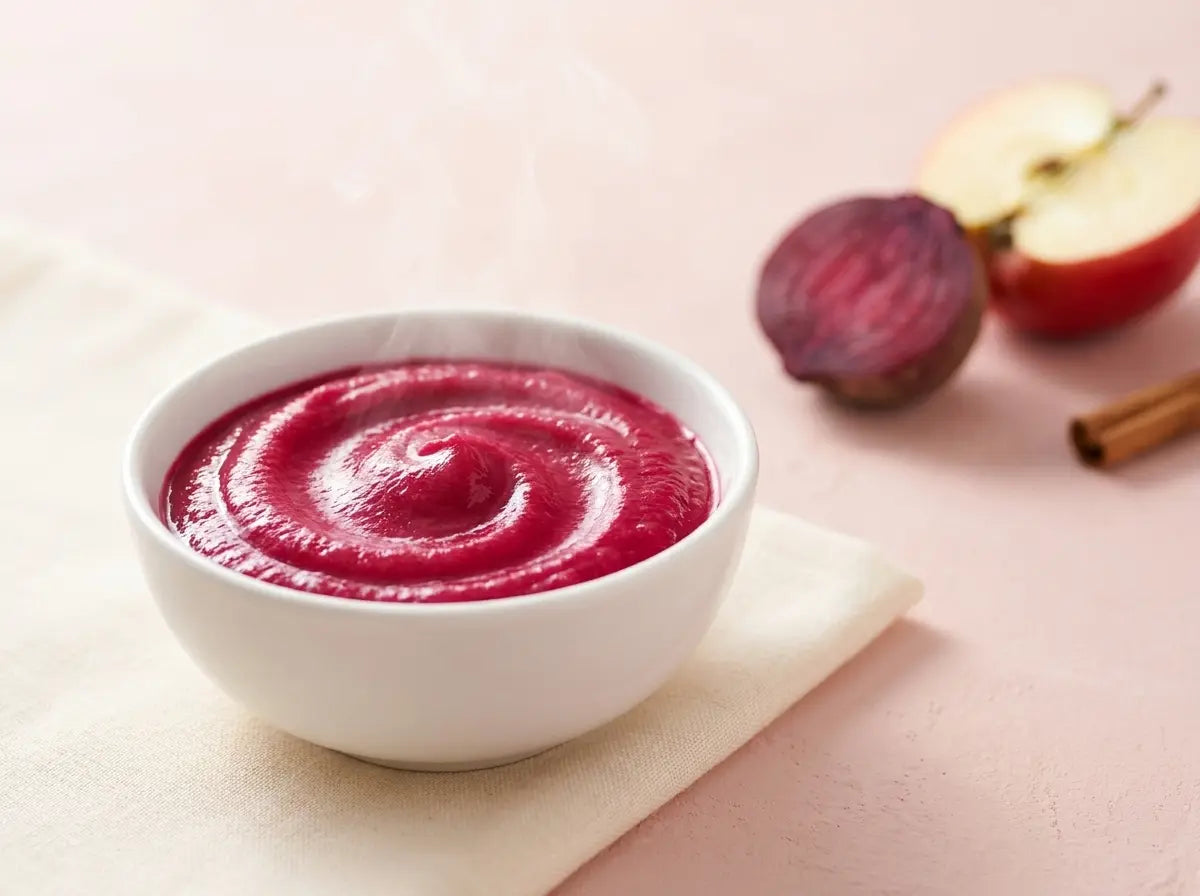 Beetroot & apple soft mash — a bright pink bowl that draws a wary baby in (8–12 months)