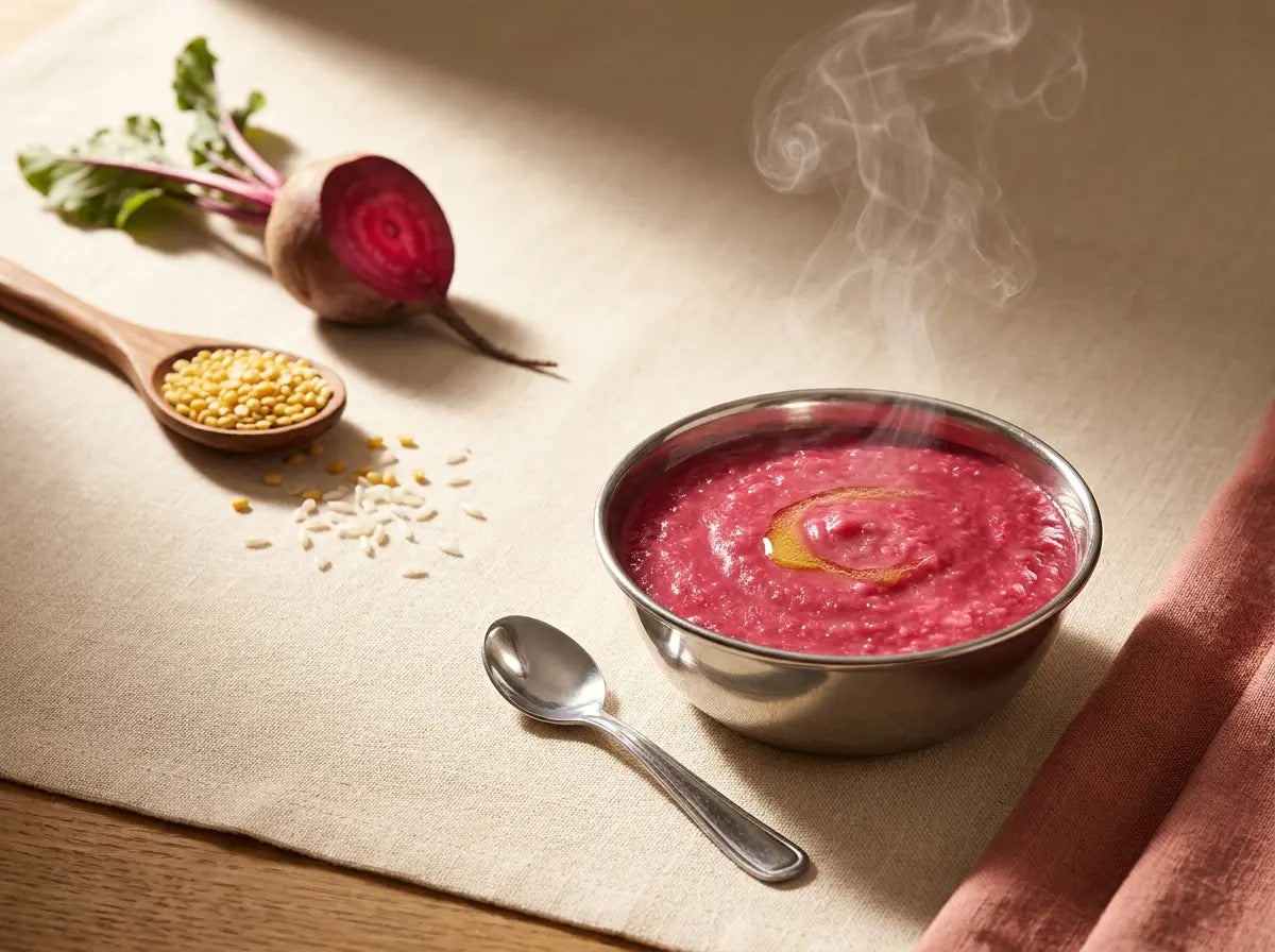 Beetroot & moong soft khichdi — a rosy iron-and-protein dinner for first eaters (6–12 months)