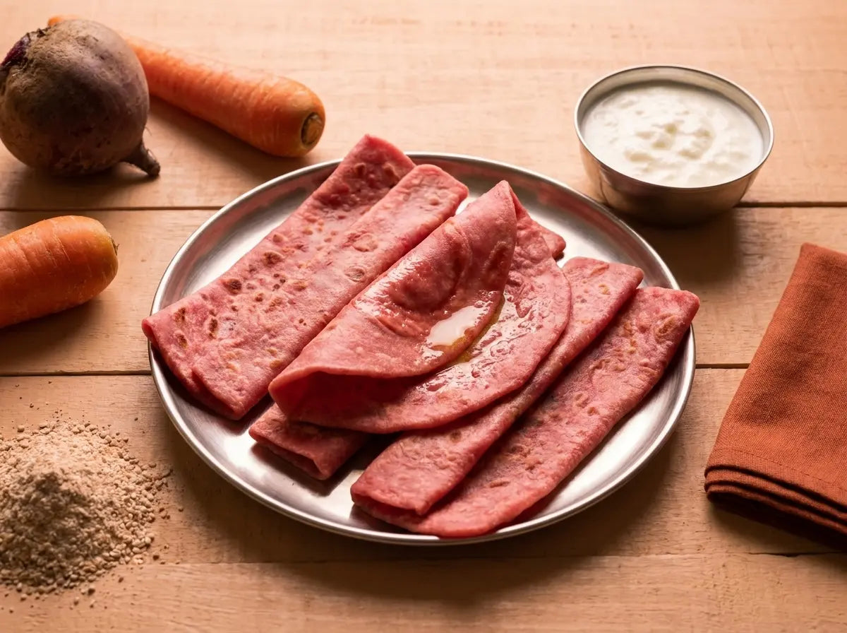 Carrot-beetroot soft paratha with ghee — a rosy, iron-rich dinner kids feed themselves (2–5 years)