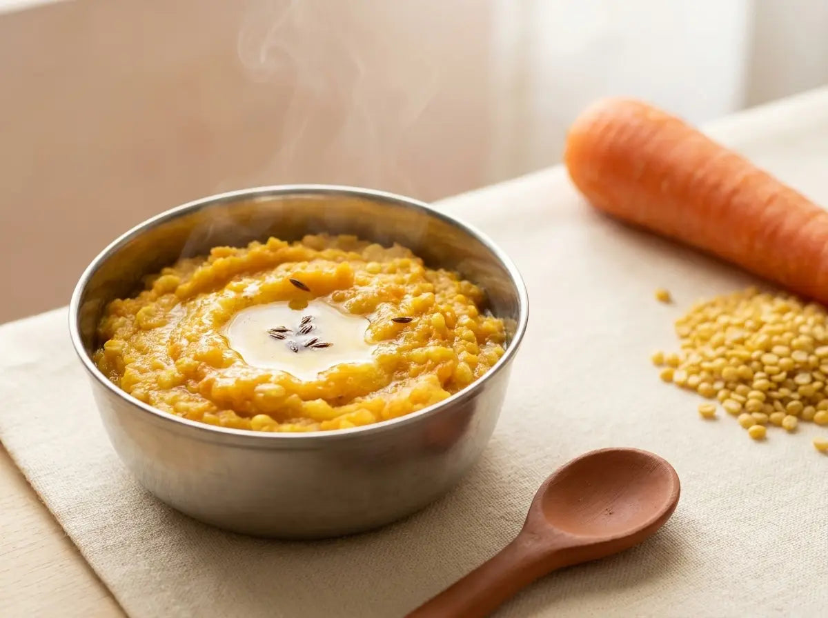 Carrot & dal soft mash with ghee — the gentle bridge to savoury for a reluctant eater (6–12 months)