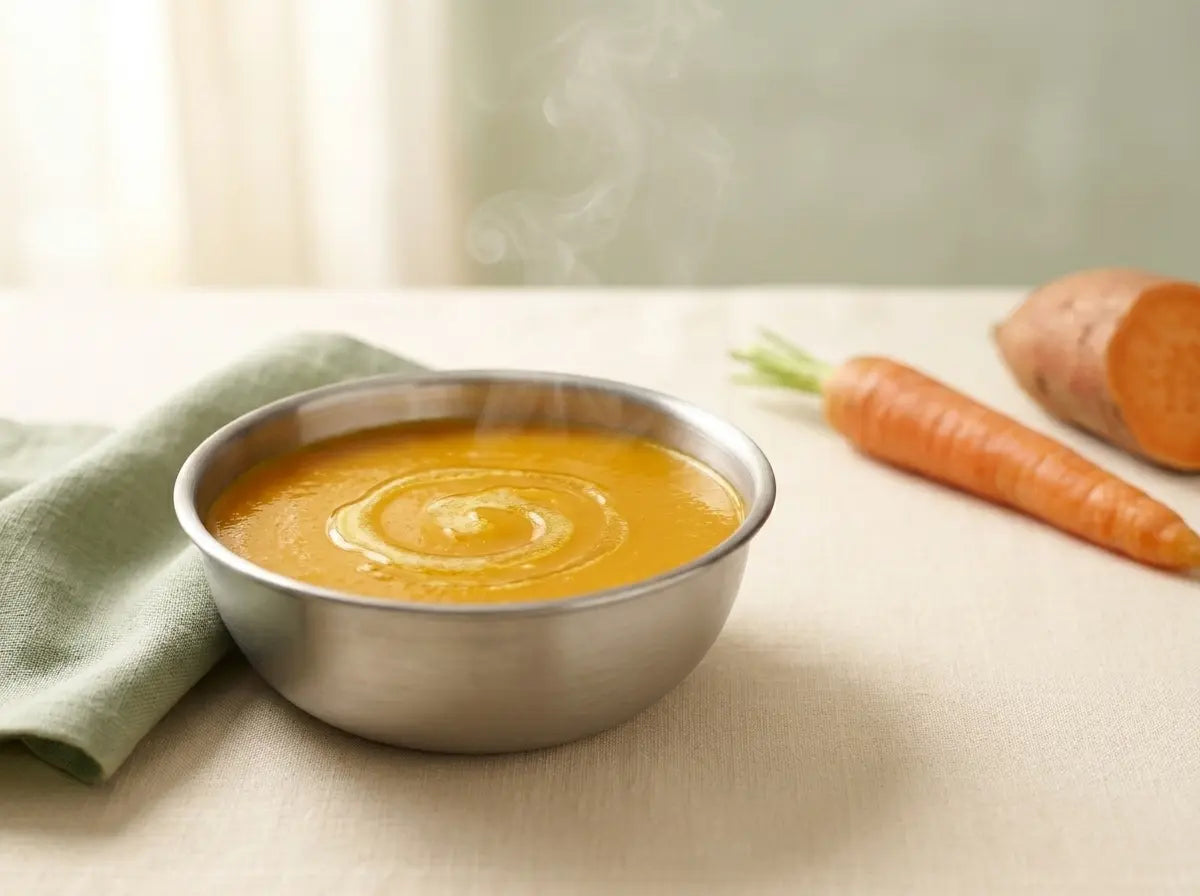 Carrot & sweet-potato soft soup — warm, orange vitamin A for the sniffly season (6–12 months)