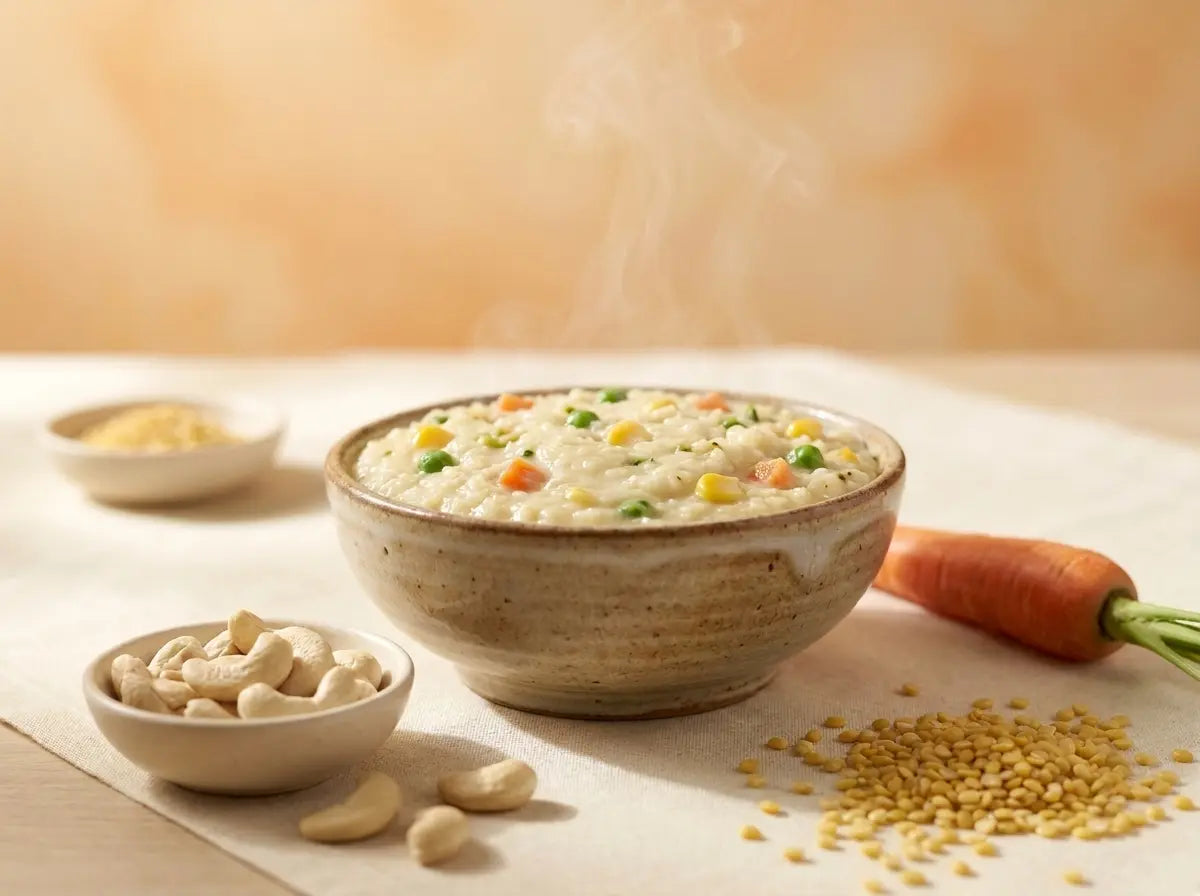 Cashew & dal soft khichdi — a calorie-rich, creamy lunch for healthy weight gain (1–2 years)