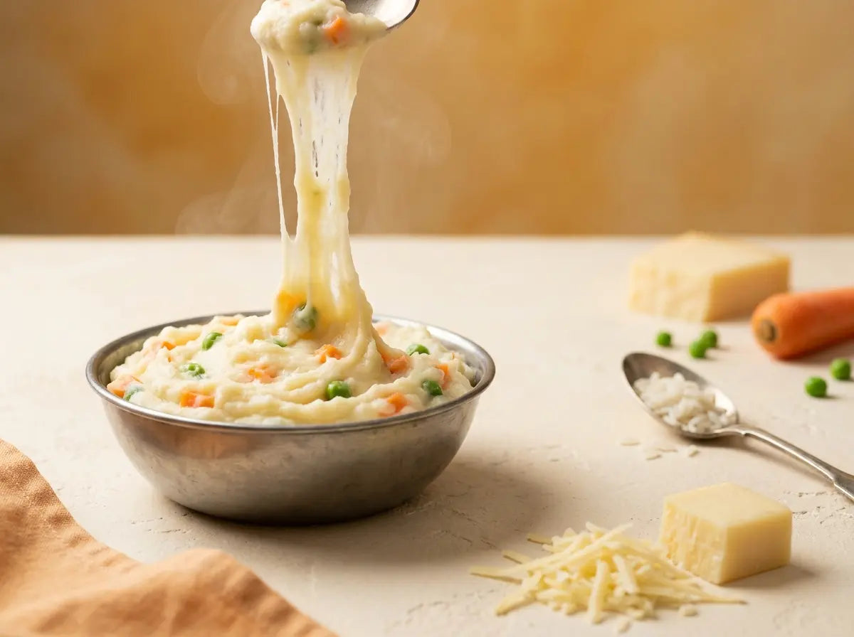 Cheesy vegetable & rice soft mash — a creamy, calorie-rich dinner the slow-to-gain toddler loves (1–2 years)
