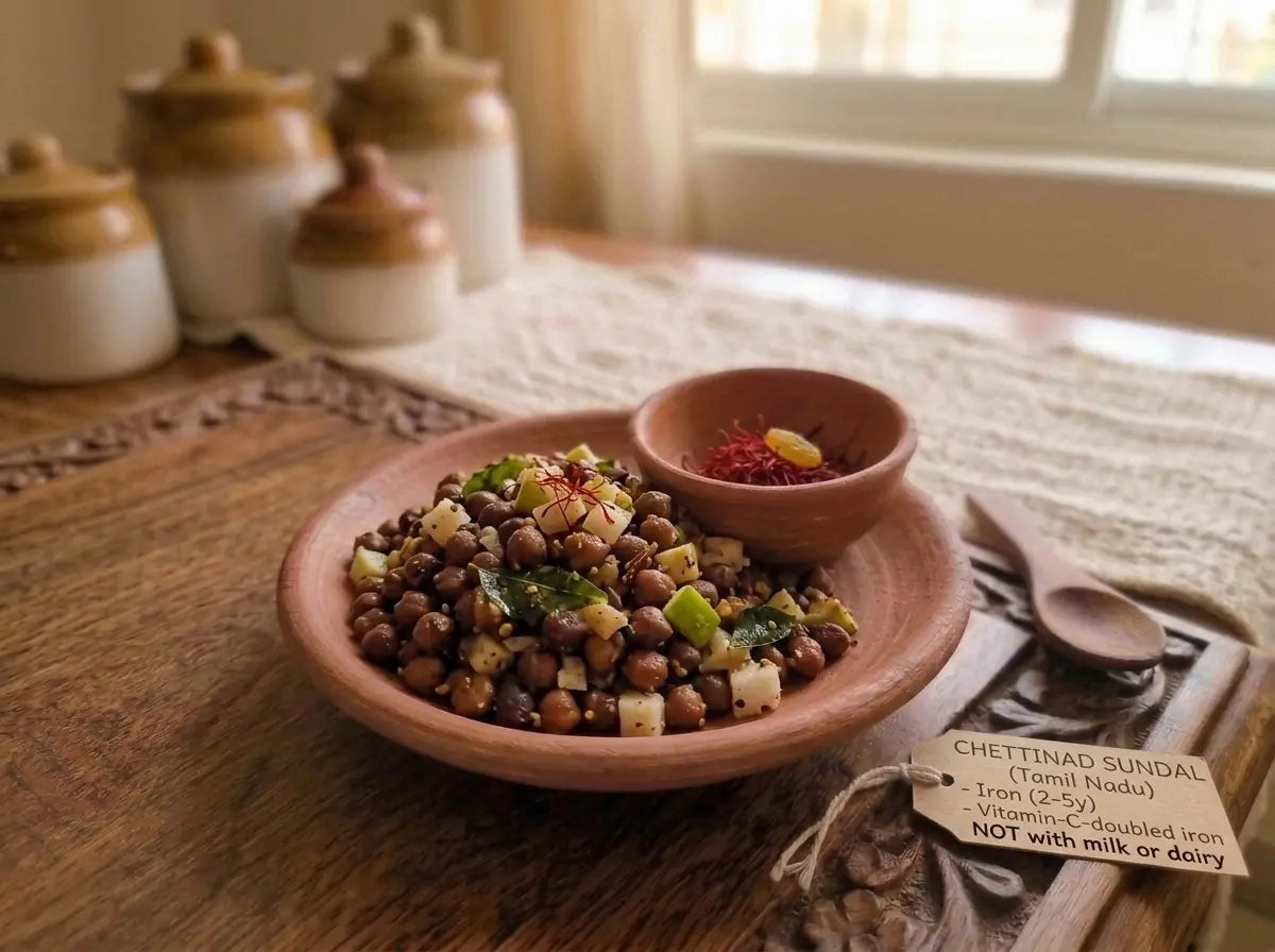 Chettinad sundal — warm chickpeas with coconut and lemon for the tired-looking child (2–5 years)