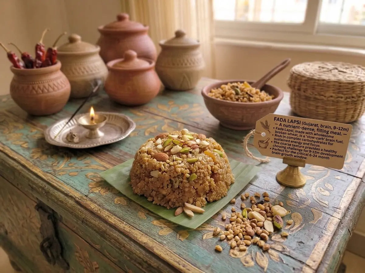 Fada lapsi — Gujarat's warm broken-wheat bowl for the fast-growing infant brain (9–12 months)
