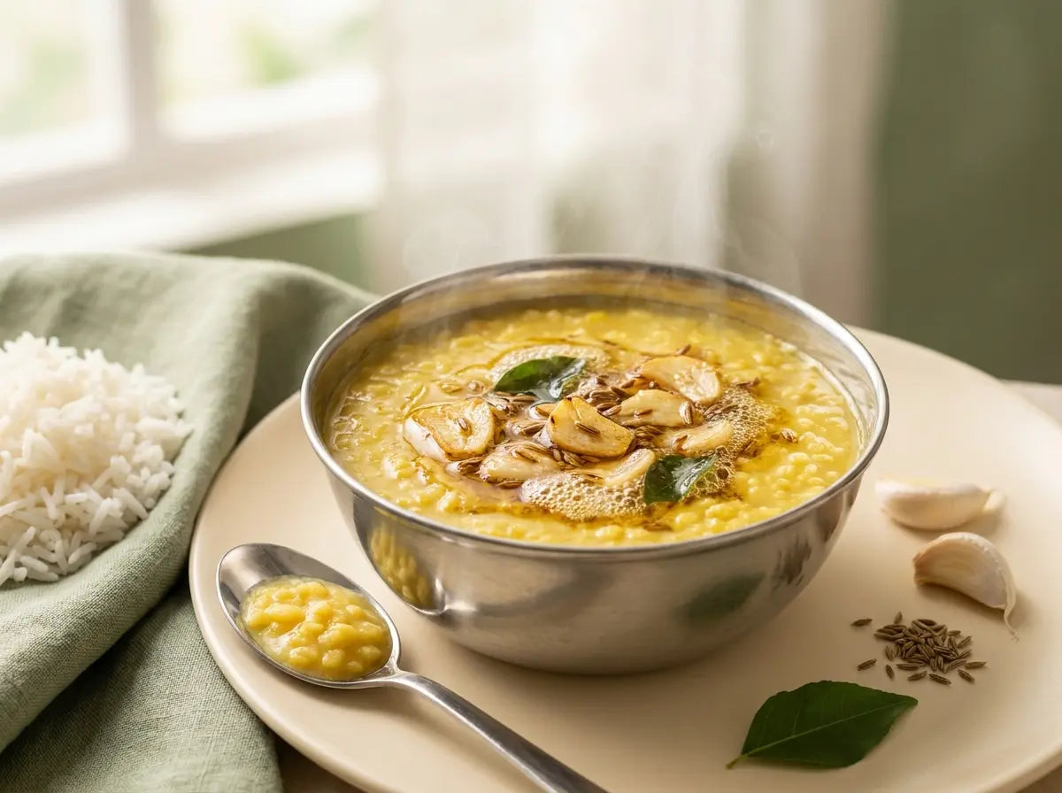 Garlic-tempered moong dal & soft rice — the warm immunity dinner for when the weather turns (1–2 years)