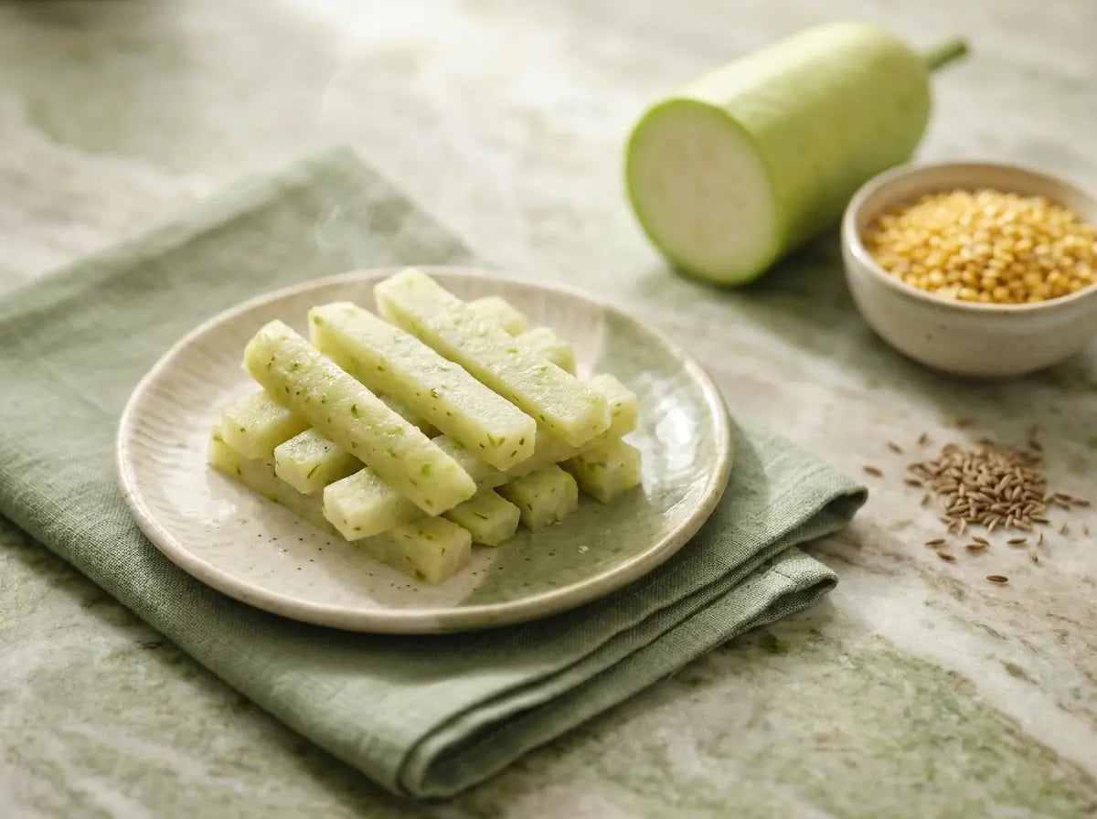 Lauki & moong steamed soft sticks — hidden mild veg the fussy baby holds and gums (8–12 months)