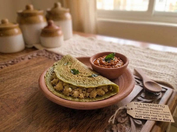 MLA pesarattu — Andhra's green-gram dosa folded around sooji upma for the bored eater (2–5 years)
