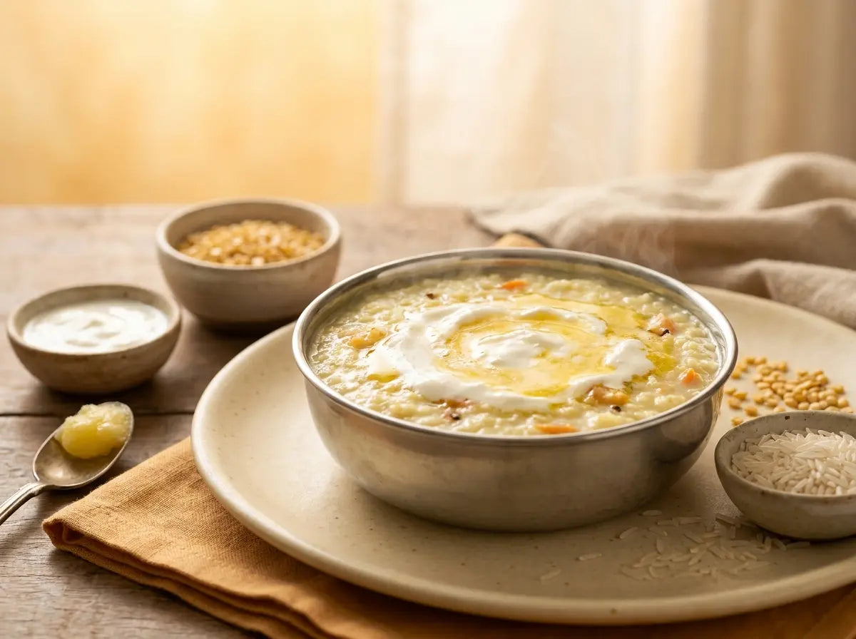 Malai & ghee moong dal khichdi — gentle, calorie-dense nourishment for the slow-to-gain toddler (1–2 years)