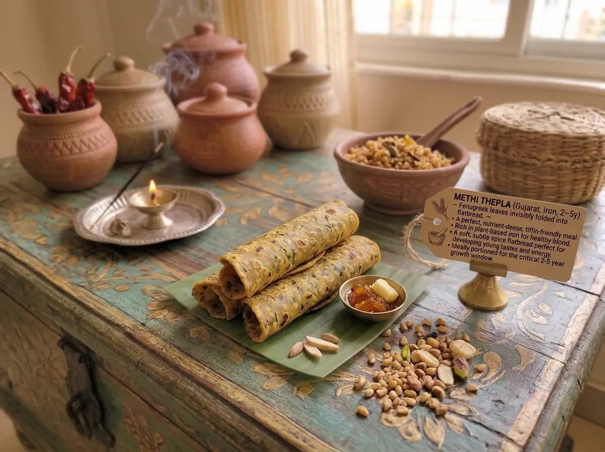 Methi thepla — Gujarat's iron-rich fenugreek flatbread for the child who refuses greens (2–5 years)