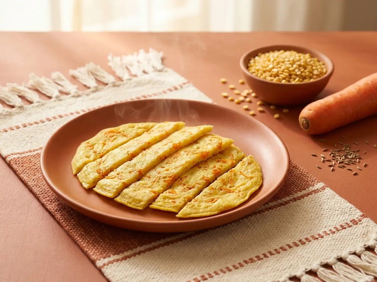 Moong dal & vegetable soft cheela strips — savoury self-feed strips for the dal-refusing baby (8–12 months)