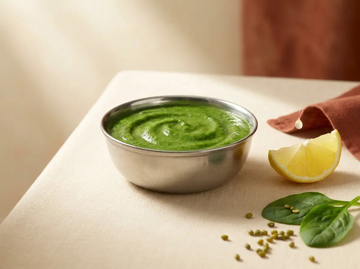 Palak & moong soft mash with a drop of lemon — gentle, absorb-friendly iron for first eaters (6–12 months)