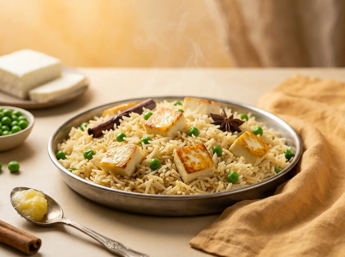 Paneer & green-peas ghee pulao — a festive, protein-rich dinner for the picky-but-thin preschooler (2–5 years)