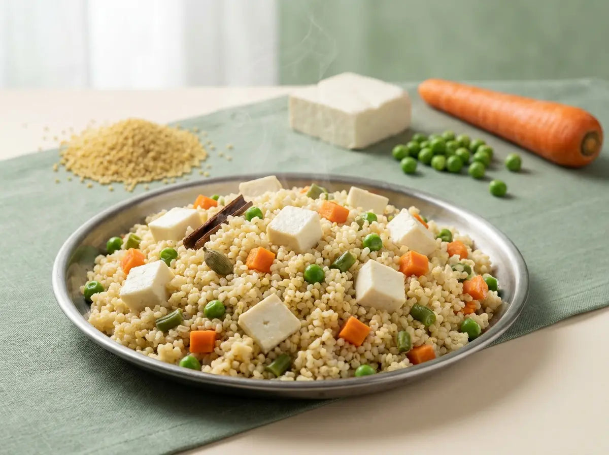 Paneer & vegetable little-millet pulao — calcium-rich millet meets soft paneer in a colourful bone-building dinner (2–5 years)