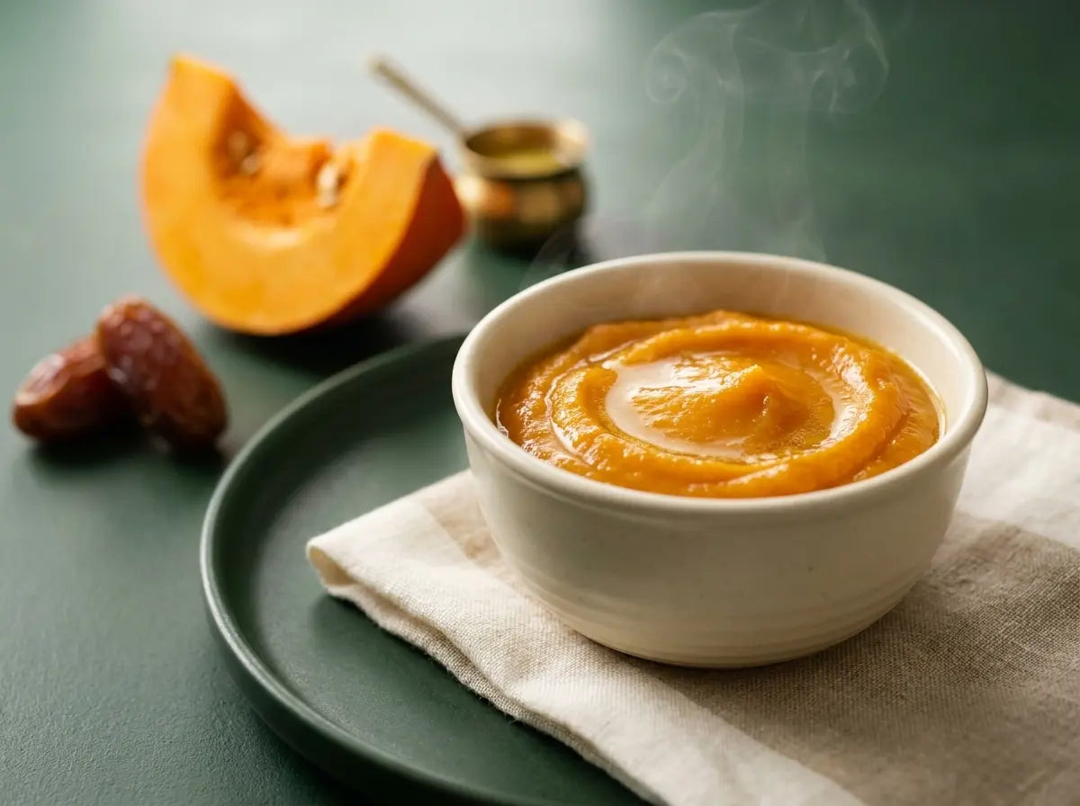 Pumpkin & date soft mash — a naturally sweet orange bowl for the baby who refuses vegetables (8–12 months)