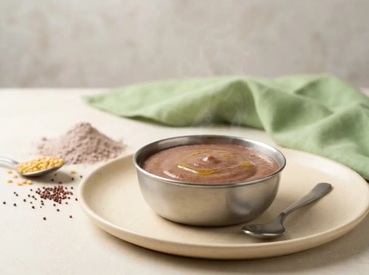 Ragi & moong soft khichdi — a gentle first dinner built on India's richest millet for growing bones (6–12 months)