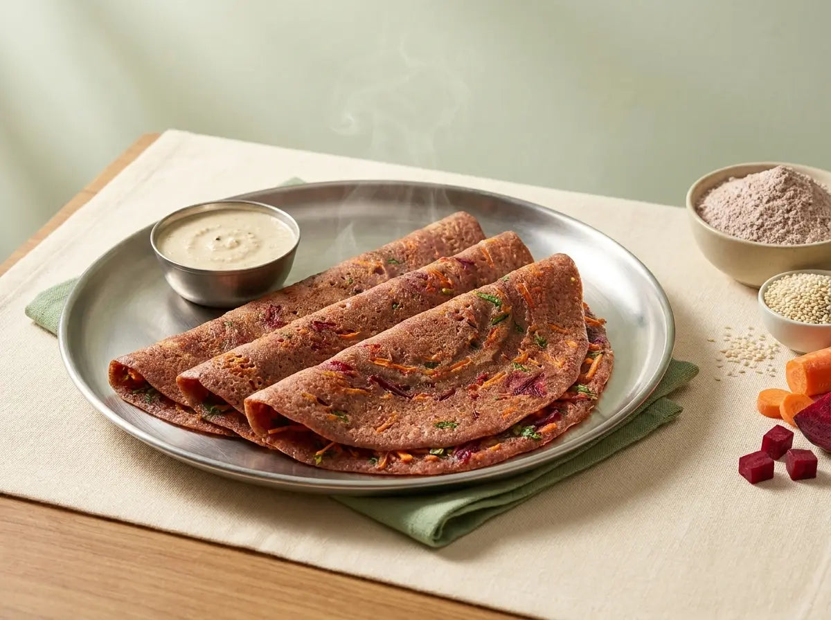Ragi & vegetable soft dosa with sesame chutney — double calcium kids dip and devour (2–5 years)