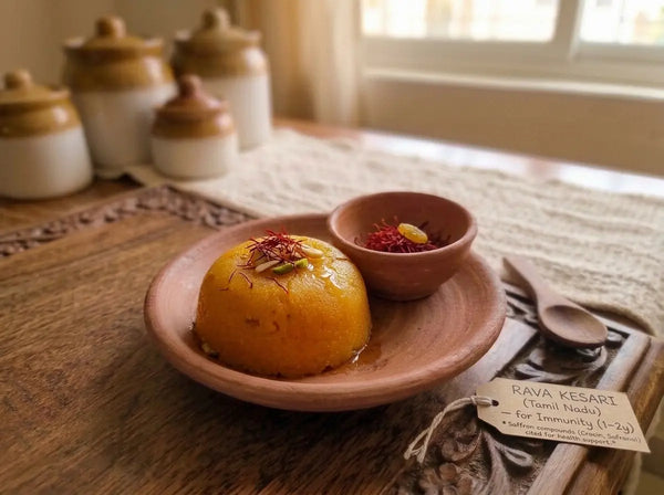 Rava kesari with saffron — the warm Tamil bowl for the toddler catching every cold (1–2 years)