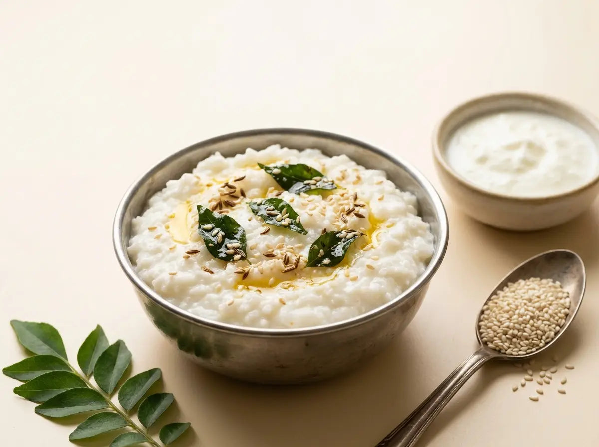 Sesame-tempered curd rice — two quiet calcium powerhouses in one soothing bone-building dinner (1–2 years)