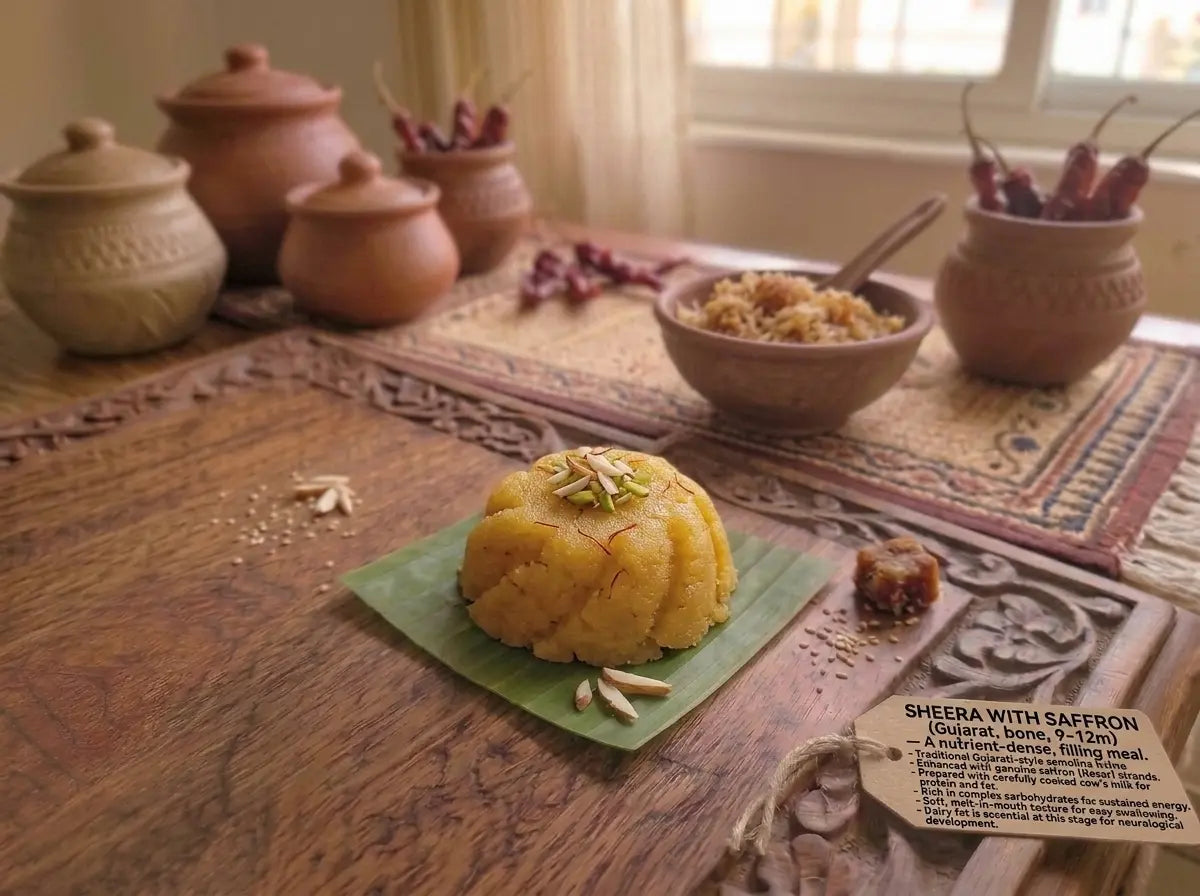 Sheera with saffron — Gujarat's warm milk-semolina bowl for the 9–12 month baby