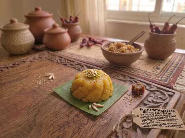 Sheera with saffron — Gujarat's warm milk-semolina bowl for the 9–12 month baby