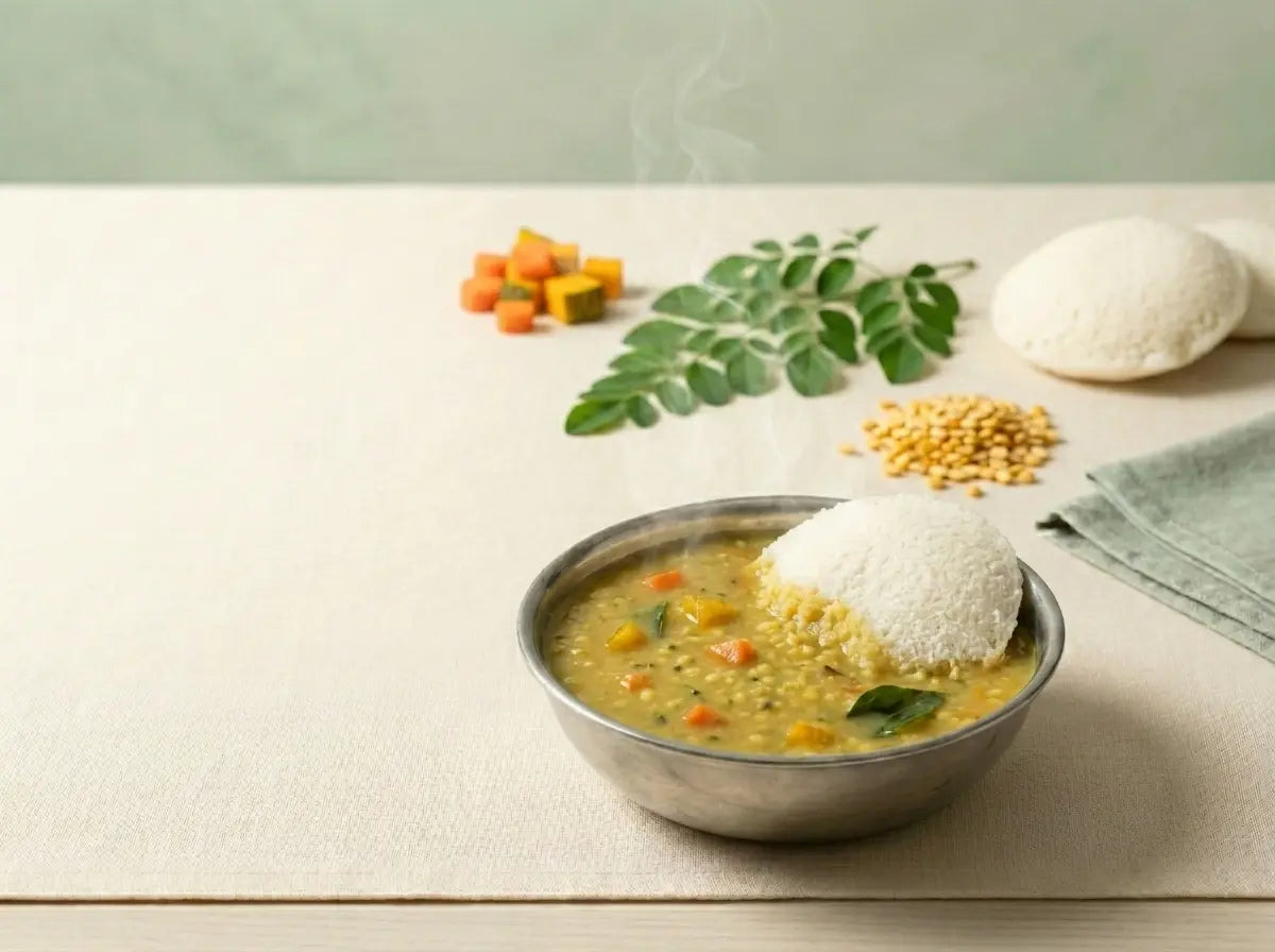 Soft idli with mild moong sambar — gentle fermented, gut-friendly immunity (1–2 years)