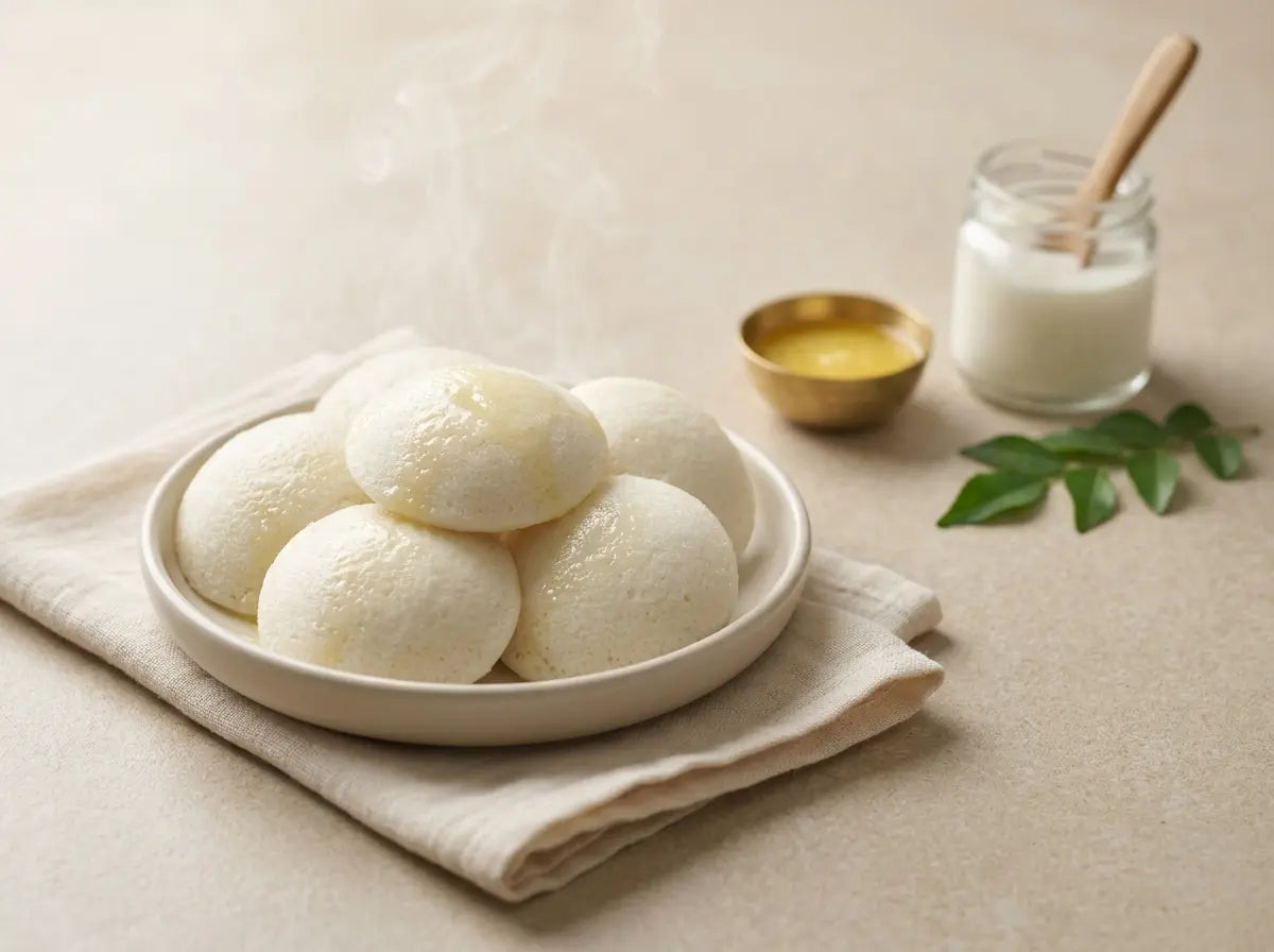 Soft mini idli with ghee — the mild, fail-safe self-feed bite for a fussy baby (8–12 months)