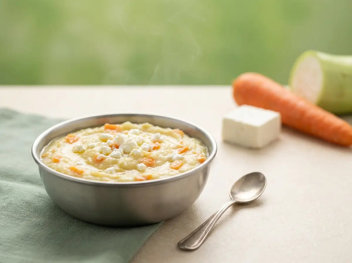 Soft paneer & vegetable mash — milk-calcium in the gentlest spoonable dinner for growing bones (6–12 months)