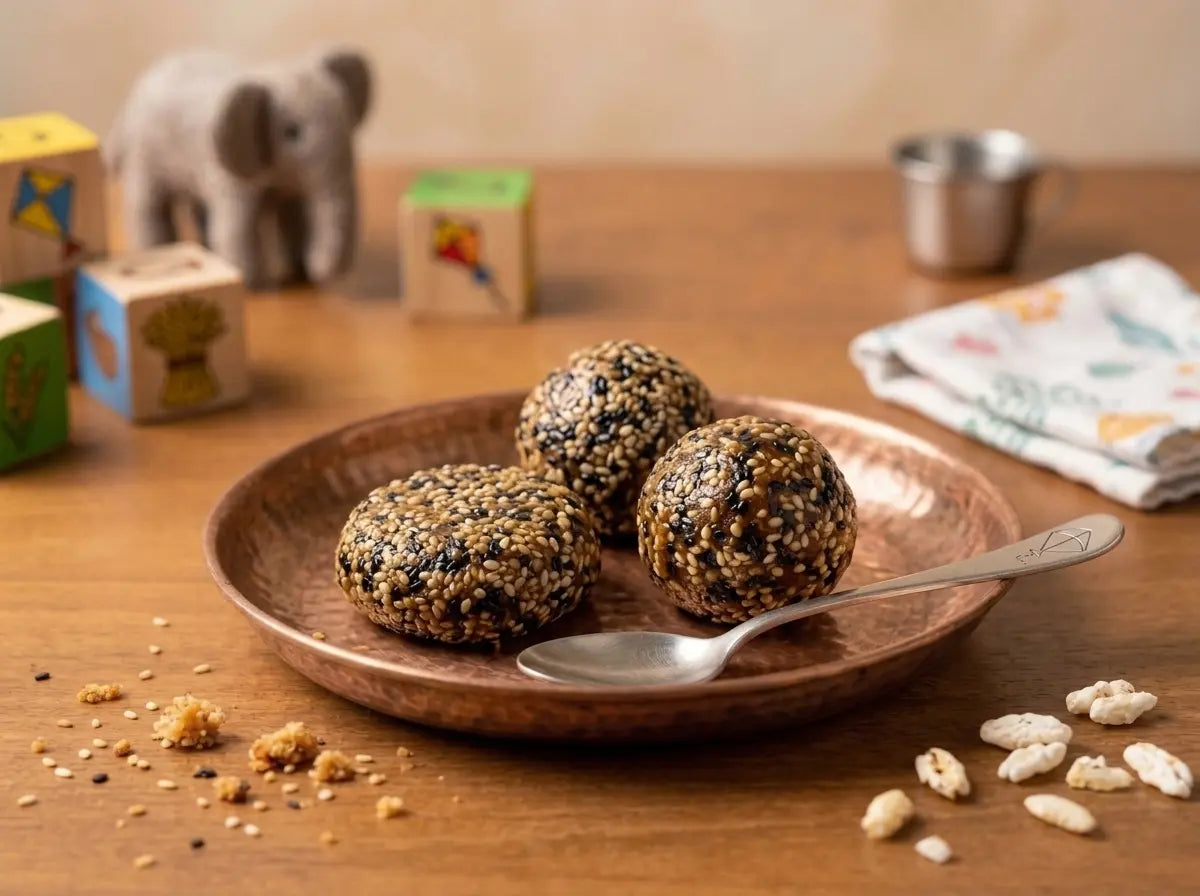 Soft til-gud — the Sankranti sesame-jaggery sweet, gentled for the milk-refusing toddler (1–2 years)