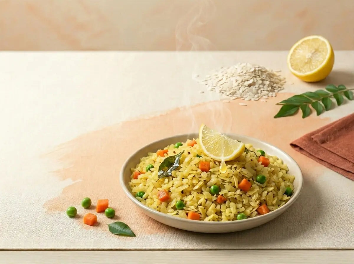 Soft vegetable poha — a quick, quietly iron-rich weeknight dinner (1–2 years)
