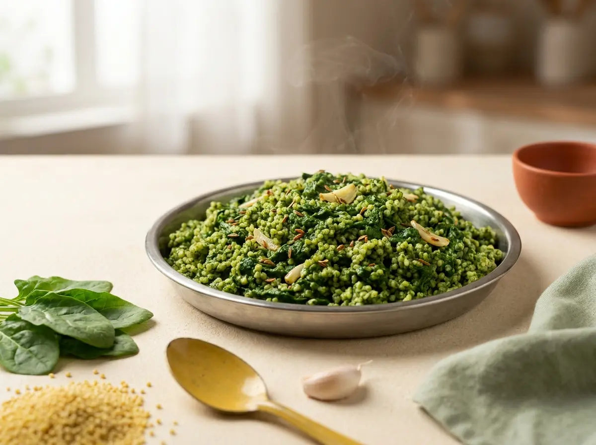 Spinach, dal & little-millet pulao — a fragrant iron-and-energy dinner that tastes like a treat (2–5 years)