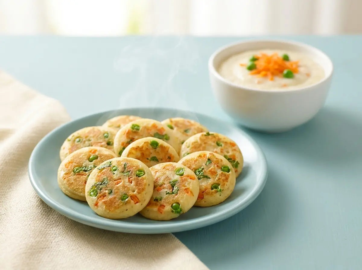 Suji & vegetable soft uttapam bites — tiny colourful pancakes a fussy baby picks up (8–12 months)