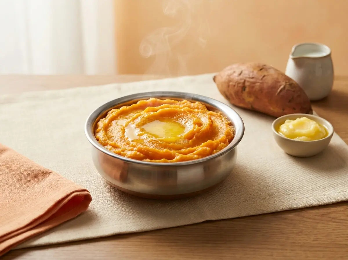 Sweet-potato & ghee mash with milk — gentle, calorie-dense nourishment for the slow-to-gain baby (6–12 months)