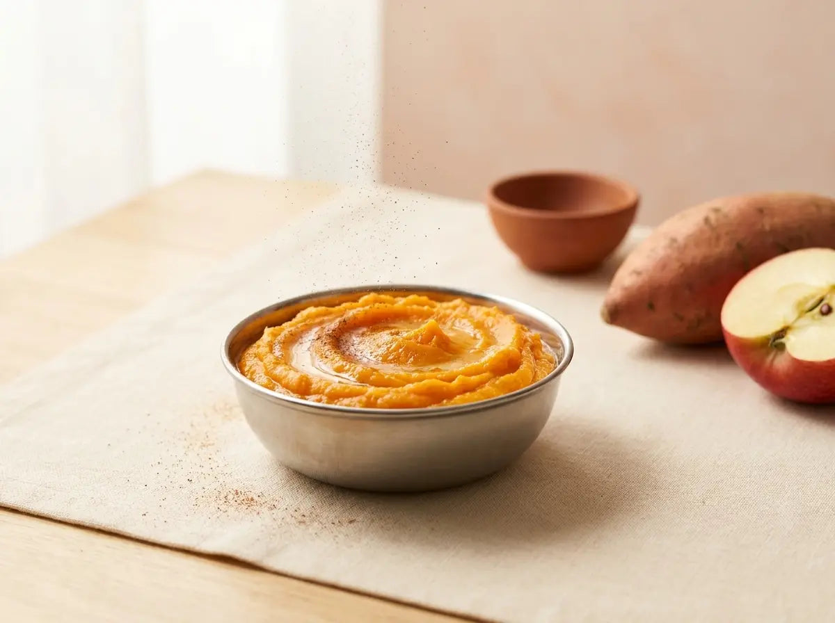 Sweet potato & apple soft mash — the naturally sweet first dinner a reluctant eater says yes to (6–12 months)