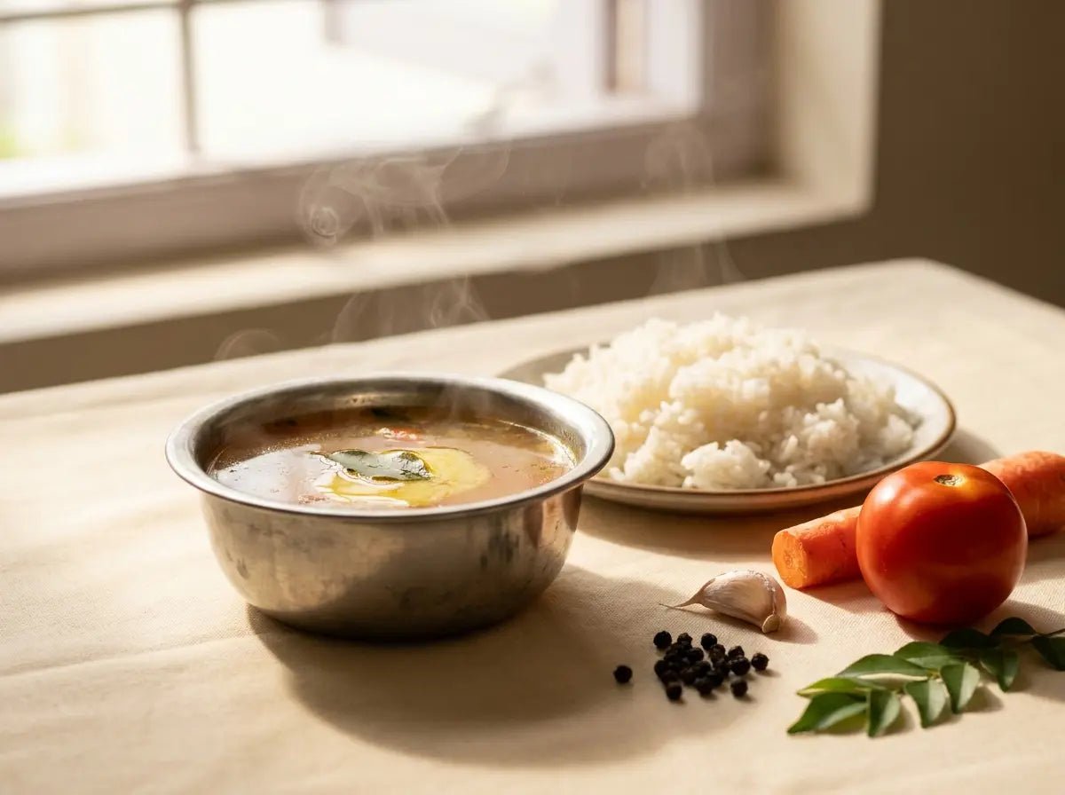 Tomato-carrot-pepper rasam rice — a warming immunity dinner for the sniffly evening (1–2 years)