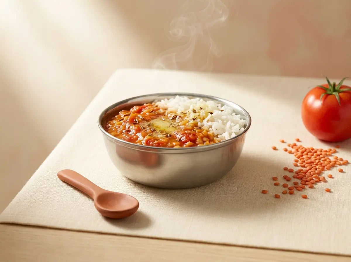 Tomato & masoor soft dal-rice — silky iron and protein for busy toddler evenings (1–2 years)
