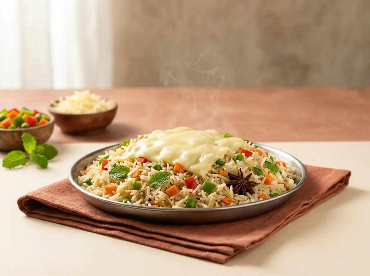 Veg & cheese soft 'biryani' pulao — a fun-named dinner that sneaks vegetables past the pickiest preschooler (2–5 years)
