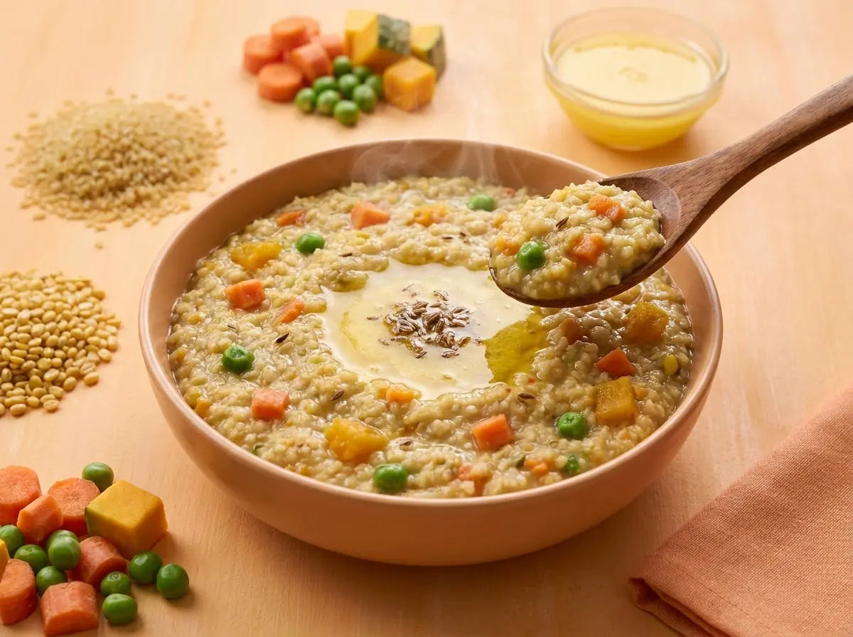 Vegetable daliya with ghee — a warm, filling weight-gain dinner (1–2 years)