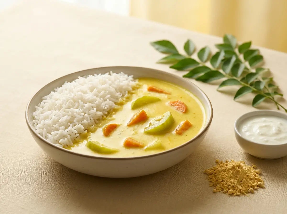 Soft vegetable kadhi with rice — a golden curd bowl that comforts and protects (2–5 years)