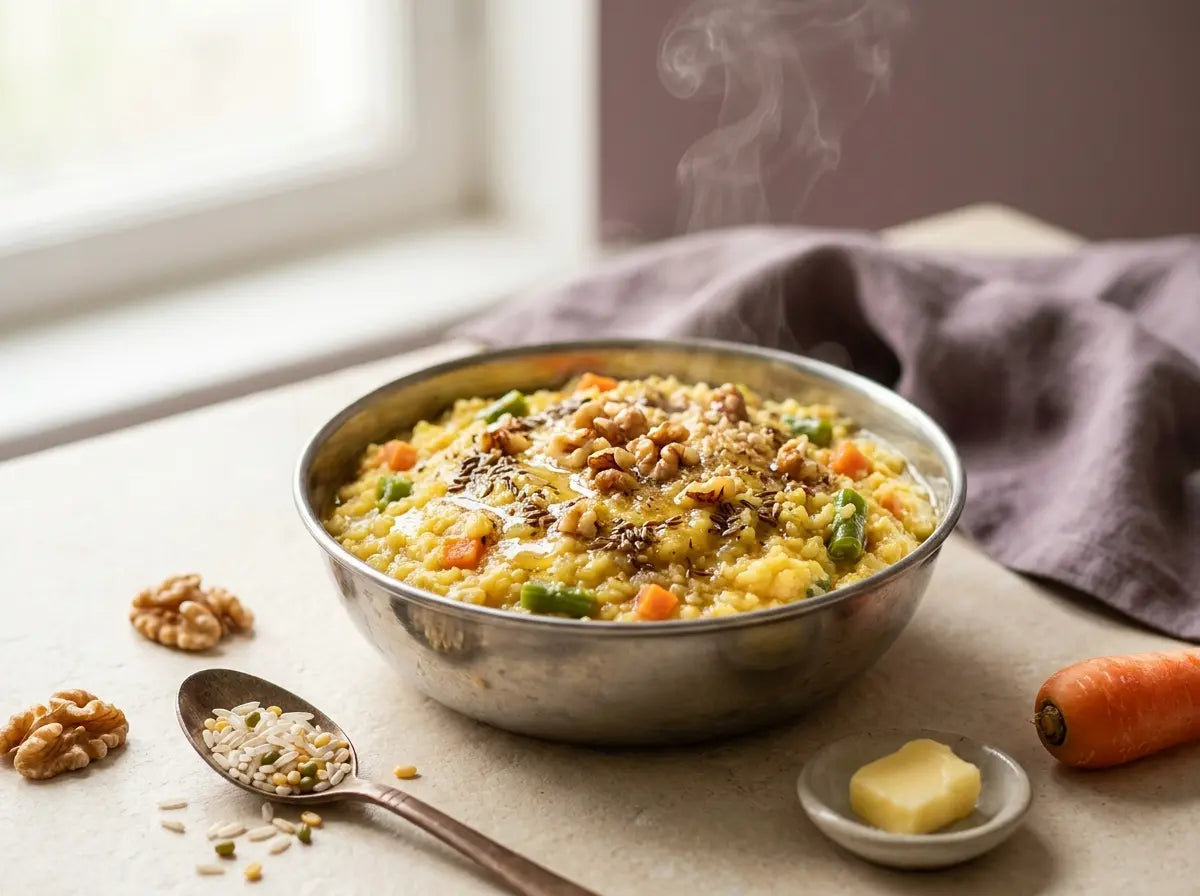 Walnut-ghee vegetable khichdi — brain-supporting fats hidden in a bowl she already loves (1–2 years)