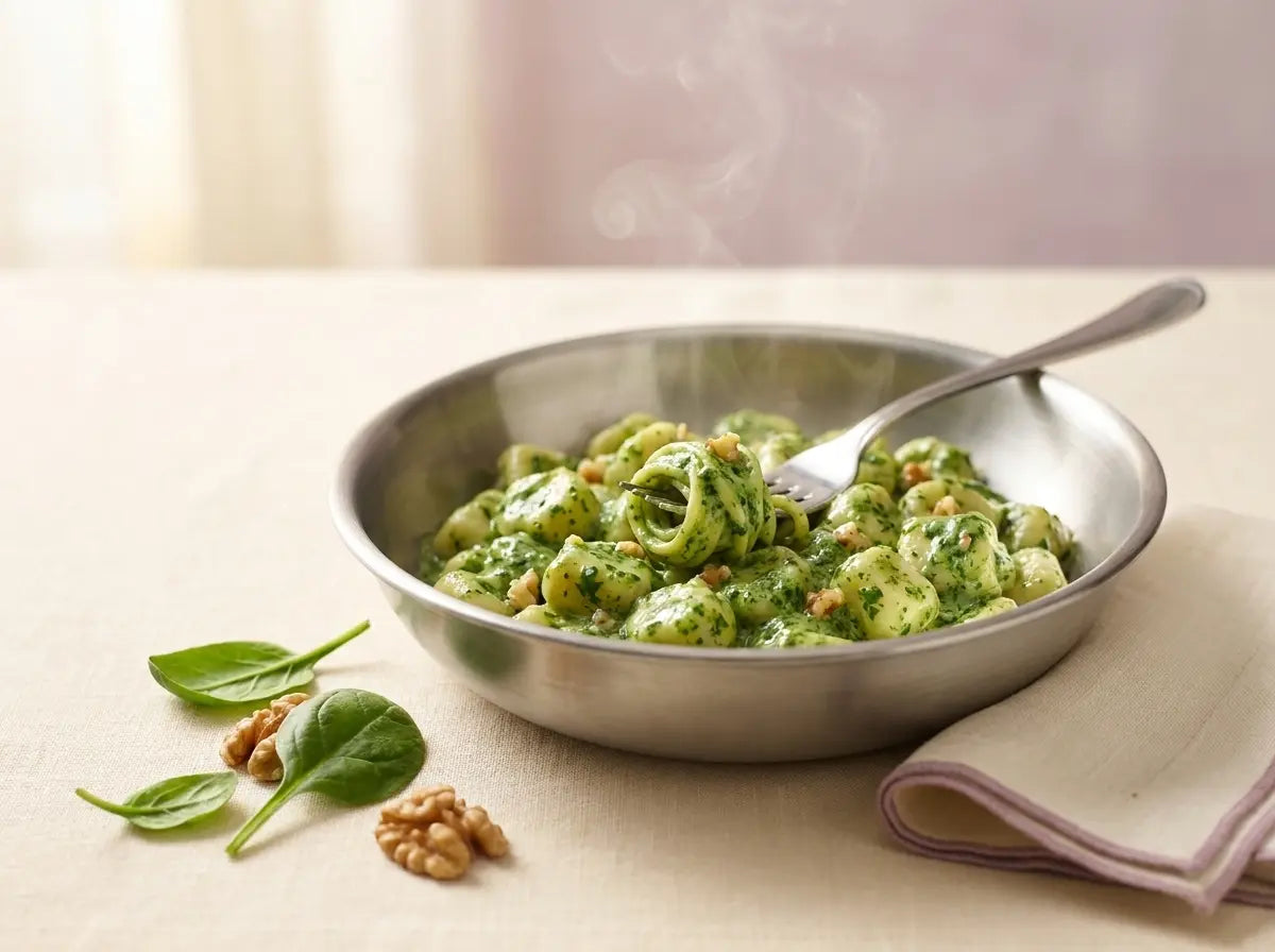 Walnut & spinach soft pasta — green, creamy brain-building fats kids actually slurp up (2–5 years)