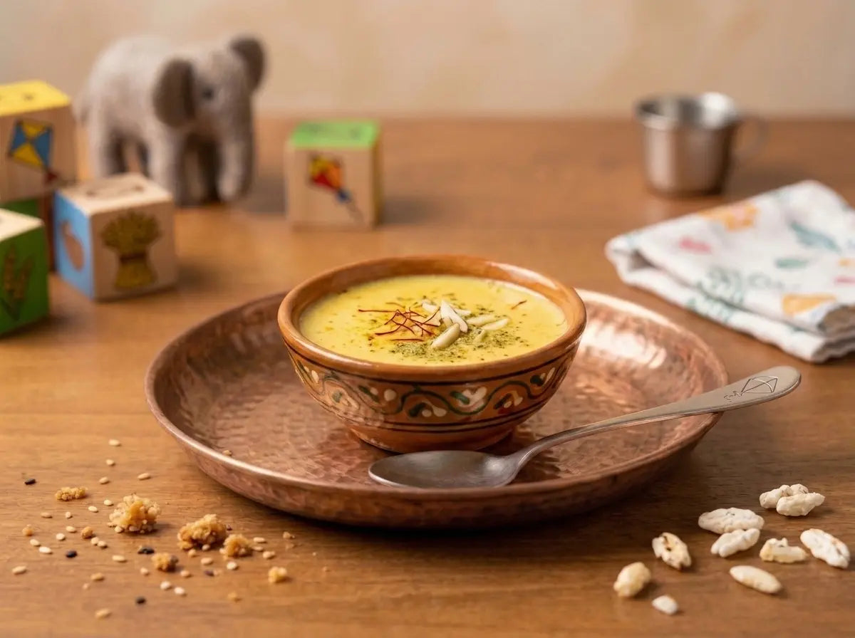 Warm badam-kesar milk — the classic North Indian bedtime bowl for the fussing toddler (1–2 years)
