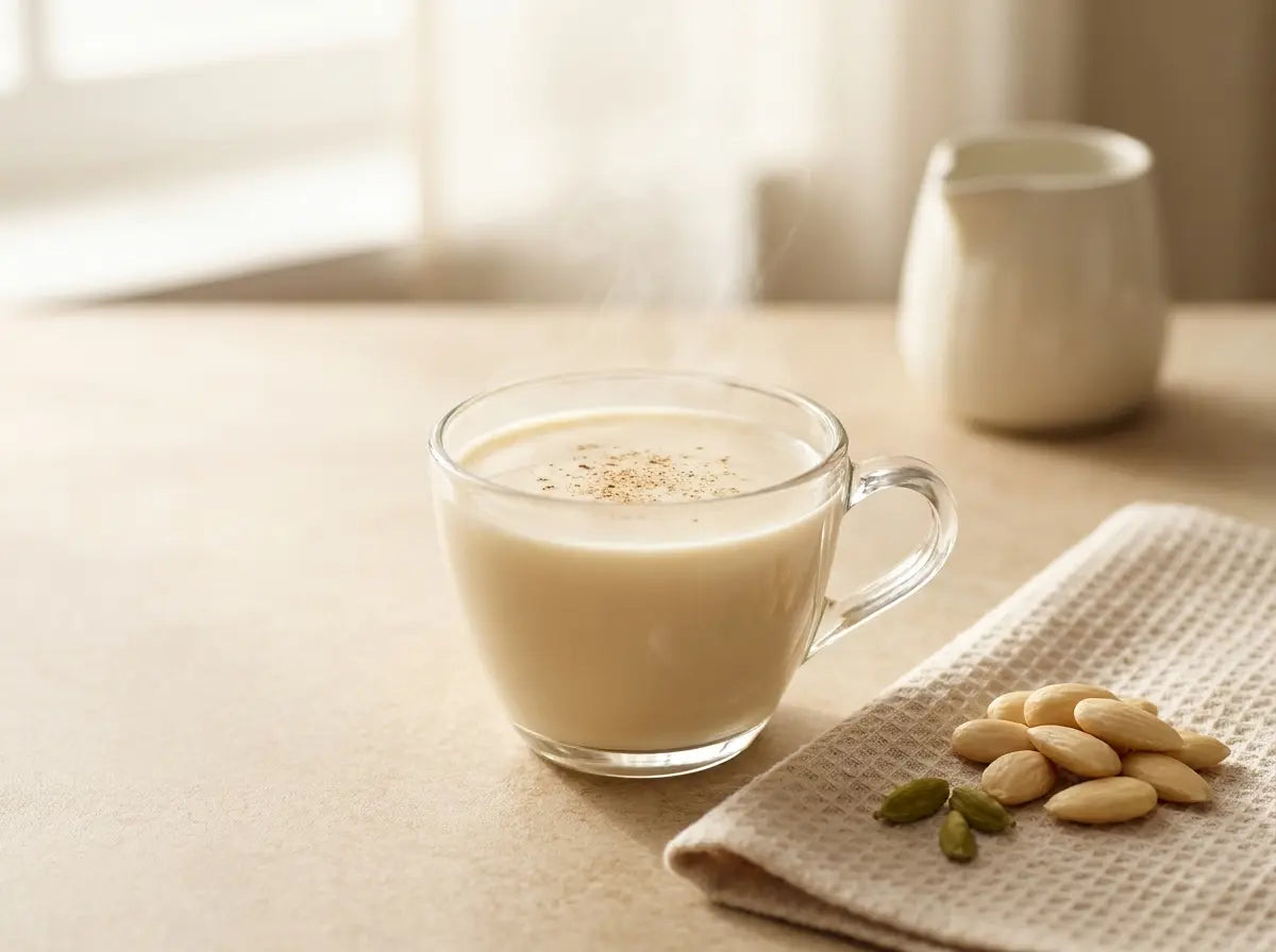 Soaked almond-cardamom milk — the classic badam brain cup, peeled and blended smooth (2–5 years)
