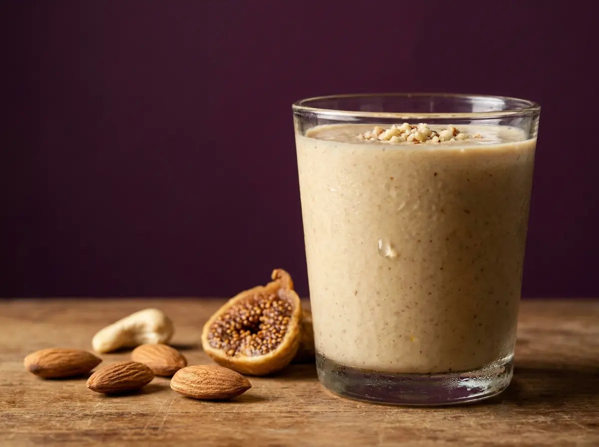 Almond-cashew-fig shake — a rich, building classic for healthy gain (2–5 years)