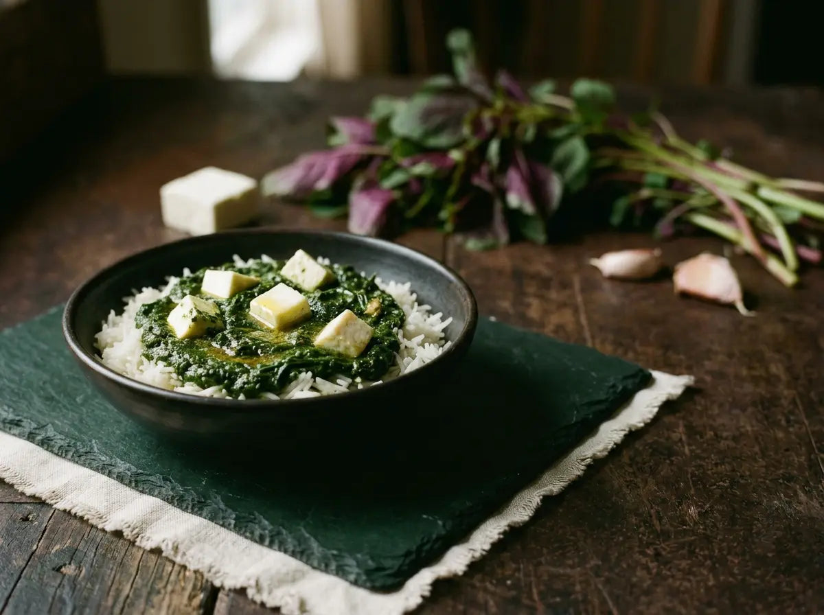Amaranth-leaf & paneer saag — a deep-green bone-and-blood dinner from the old kitchen garden (2–5 years)